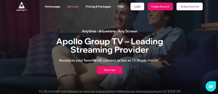 Screenshot of Apollo group IPTV website homepage
