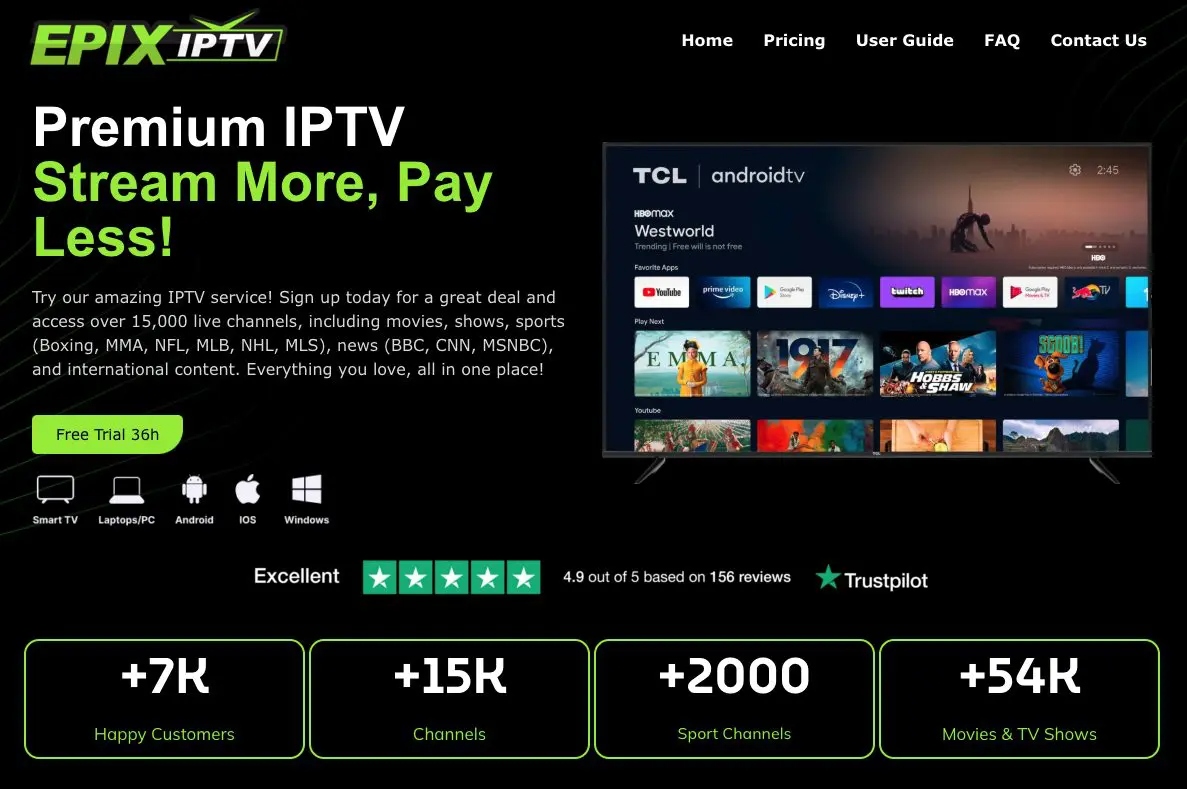 Screenshot of epix IPTV website homepage