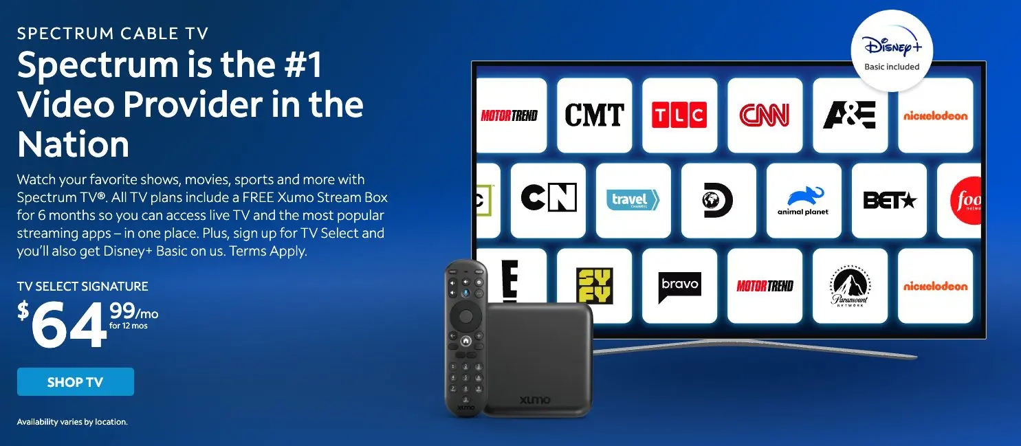 Screenshot of spectrum tv homepage
