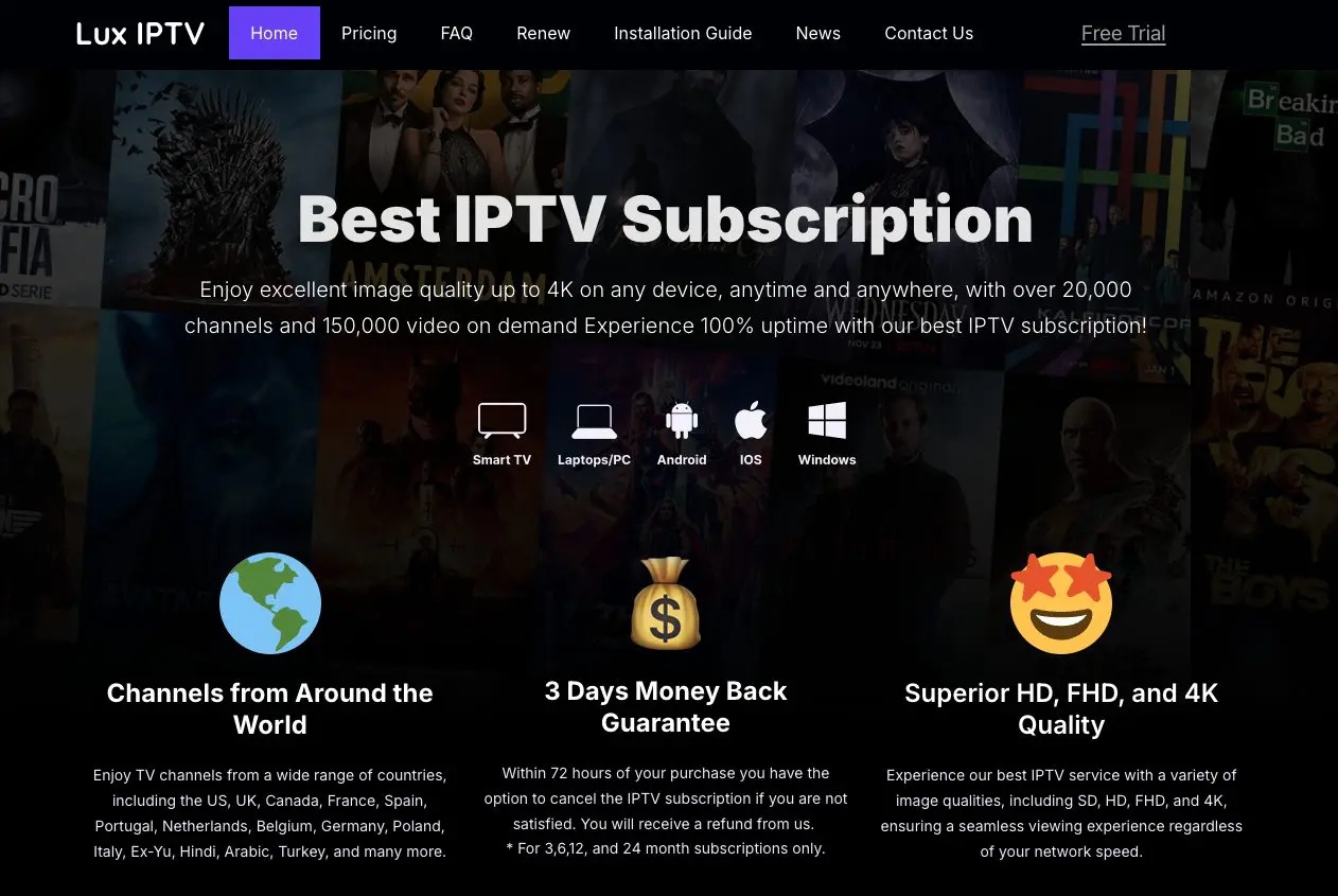 Screenshot of Lux IPTV website homepage