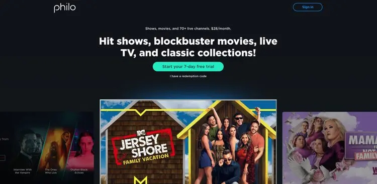 Screenshot of philo IPTV homepage