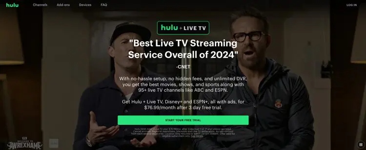 Screenshot of Hulu homepage