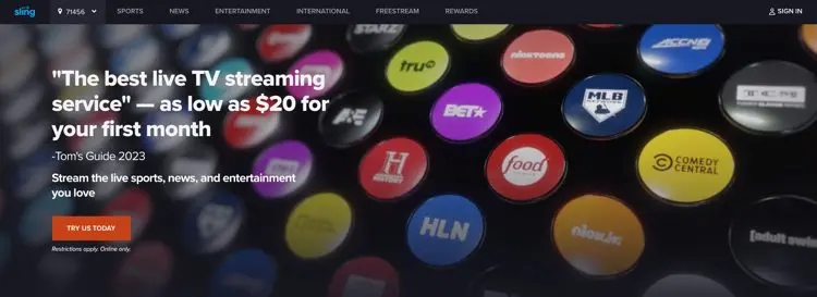 Screenshot of sling homepage