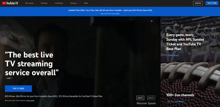 Screenshot of youtube TV homepage